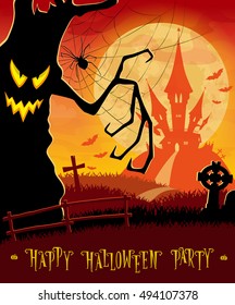 Halloween background. Monsters trees on old cemetery backdrop on scary castle, moon, bats and graves. Concept for banner, poster, flyer, cards or invites on party. Cartoon style. Vector illustration
