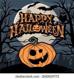 Halloween background with moon, bad, and owl. Vector illustration