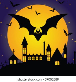 Halloween background with moon and bat