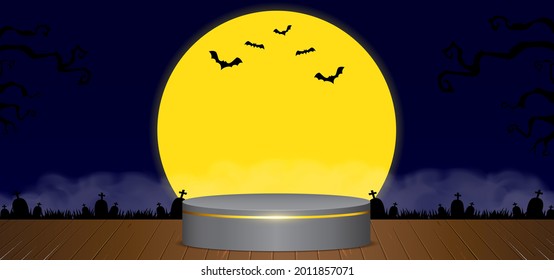 Halloween background with moon, bat, tree, tombstone and fog