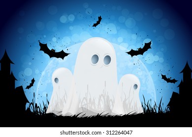 Halloween Background with Moon, Bats and Ghosts