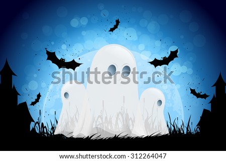 Halloween Background with Moon, Bats and Ghosts