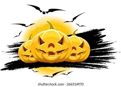 Halloween background with moon bats and pumpkins