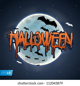 Halloween background with moon and bats, vector Eps 10 illustration.