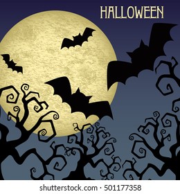 Halloween background with moon and bats. Halloween vector Background. Tree and bat.