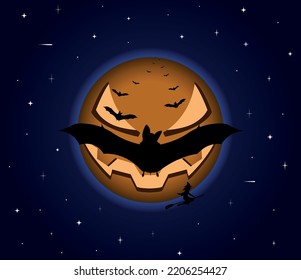 Halloween background with  moon bats and witch . Poster, banner, flyer for night event Halloween party and halloween day