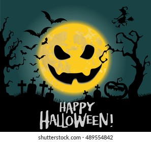 Halloween background with moon, castle, witch and bats