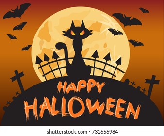 Halloween background with moon and cat,vector illustration