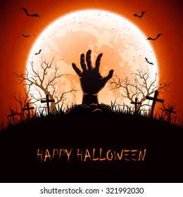 Halloween background with Moon and hand on cemetery, illustration.