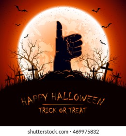 Halloween background with Moon and hand with thumb up on cemetery, illustration.