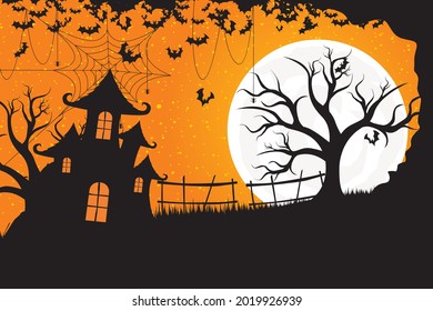 Halloween background with moon and haunted house, spooky tree and bats 