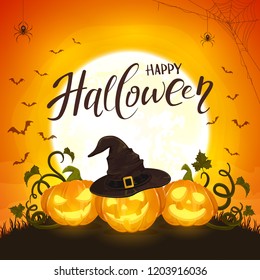 Halloween background with moon on orange sky and Jack O Lantern. Smiling pumpkins with Hat of Witch and bats, illustration.
