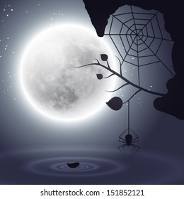 Halloween background with moon and spider. EPS10 vector.