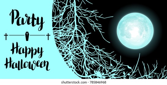 Halloween background with moon and tree branches. Invitation to party or greeting card.