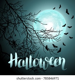 Halloween background with moon and tree branches. Invitation to party or greeting card.