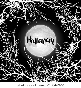 Halloween background with moon and tree branches. Invitation to party or greeting card.