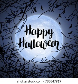 Halloween background with moon and tree branches. Invitation to party or greeting card.