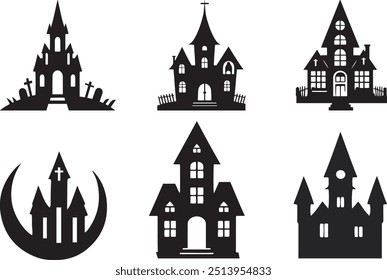 Plano de fundo de Halloween com lua, castelo de bruxas, cena do mal, túmulos, fantasmas. Feliz vetor de Halloween ícone de design assustador.