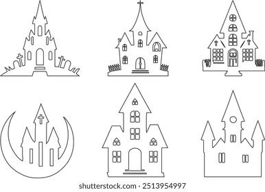 Halloween background with moon, witch castle, evil scene, graves, ghosts. Happy Halloween vector scary old building design icon.