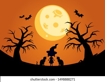 Halloween background with moon and witch vector illustration. Little witch with cats vector. Halloween moon background. Tree Silhouette on a dark halloween background. Evil tree vector
