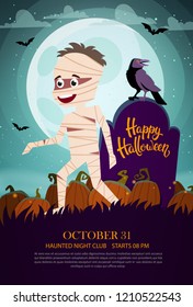 Halloween background with mummy, grave, crow and full moon. Flyer or invitation template for Halloween party. Vector illustration.