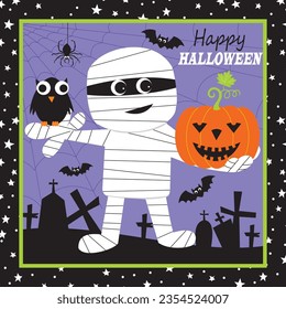 halloween background with mummy, pumpkin and owl