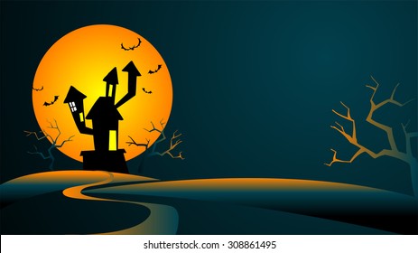 Halloween Background with the mysterious house against the big moon