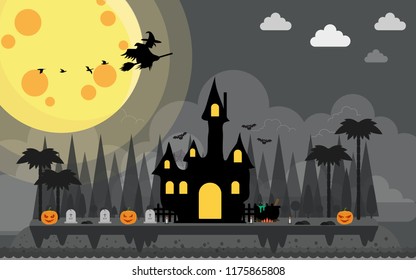 Halloween background, mysterious landscape, cartoon witch house, full moon. vector