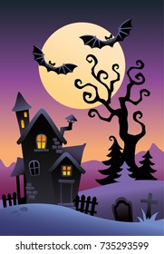 Halloween background, mysterious landscape, cartoon witch house, full moon, night scene, tree, bat, full moon, forest, cemetery, vector illustration