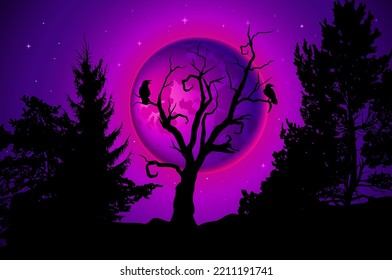 Halloween background. Mystic full moon, crow on crooked branches of creepy tree. Tree silhouette in middle of the forest. Vector illustration