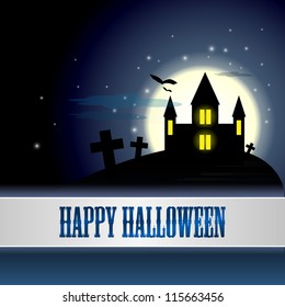 Halloween background: night, castle, graves, graveyard, moon, birds