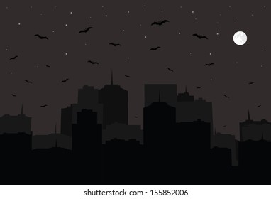 Halloween background. Night city silhouette. Vector EPS10.