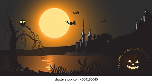 Halloween background night and creepy. Bright picture with pumpkin, castle, tree and full moon.