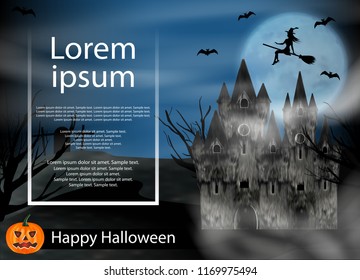 Halloween background night with flying young witch to background full moon 
above castle and pumpkin. Vector illustration.