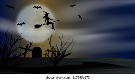 Halloween background night with flying young witch to background full moon above the cemetery. Vector illustration.