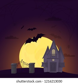 Halloween background night forest with moon vector illustration. Autumn spooky scary graveyard invitation. Mystery fear poster. Horror evil party. Allhallows Eve. Saints Day