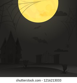 Halloween background night forest with moon vector illustration. Autumn spooky scary graveyard invitation. Mystery fear poster. Horror evil party. Allhallows Eve. Saints Day