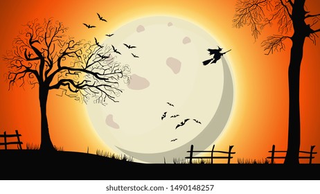 Halloween background, night landscape with big yellow full moon, old trees and witches in the sky