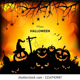 Halloween background with night landscape with full moon, trees, crosses, bats and smiling pumpkins, text Happy Halloween
