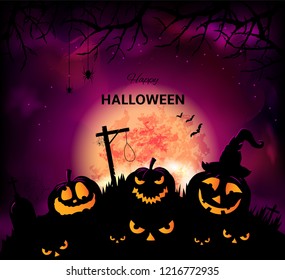 Halloween background with night landscape with full moon, trees, spiders, bats and smiling pumpkins, text Happy Halloween