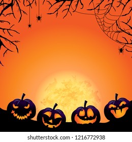 Halloween background with night landscape with full moon, trees, spiders and smiling pumpkins, place for your text