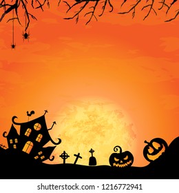 Halloween background with night landscape with full moon, trees, spiders and smiling pumpkins, place for your text