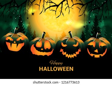 Halloween background with night landscape with full moon, trees, spiders, bats and smiling pumpkins, text Happy Halloween