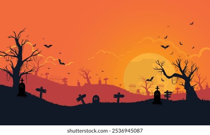 Halloween background and night moon with haunted ghosts and bats