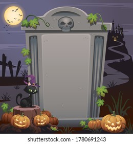 Halloween background at night, with some Jack o'lanterns placed near a tree stump and a black cat in the foreground. In the background, a bunch of bats are flying around a castle.