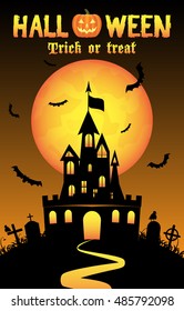 Halloween background with old castle in graveyard 