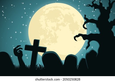 Halloween background with old cemetery gravestones and zombie hand and spooky leafless trees full moon on night sky vector illustration