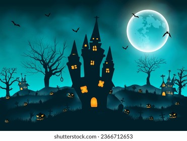 Halloween background with old cemetery gravestones spooky dark blue fog clouds dead tree and hunted house