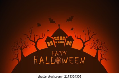 Halloween background with old house and leafless tree, spooky full moon in the night sky realistic illustration