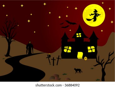 Halloween background with old hunted castle